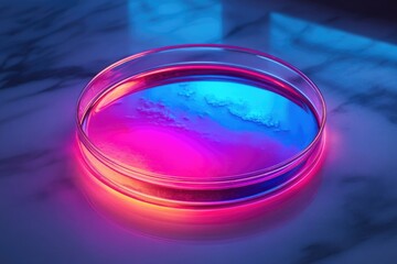 a petri dish with vibrant pink and blue liquid under neon light, showcasing a potential scientific e