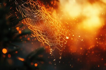 Poster - Dew-covered spiderweb glows in the warm morning light, a magical autumn scene.