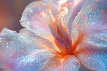Leinwandbilder - Close-up of iridescent flower petals, delicate and vibrant, showcasing intricate details and soft pastel hues.
