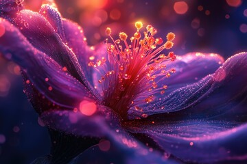 Fototapete - Close-up of a vibrant, glowing purple flower with glistening petals and a radiant center.