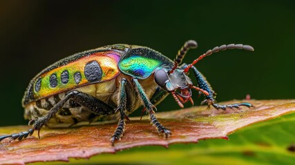Fototapete - A close-up shot of a colorful beetle sitting on a leaf, with intricate details visible.