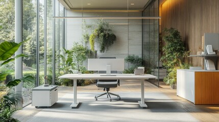 Fototapete - Stylish contemporary office features large windows allowing natural light to flood in, surrounded by vibrant plants. A sleek desk awaits, fostering a productive and calming atmosphere