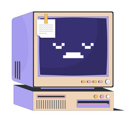 Wall Mural - retro computer with sad pixel face and sticky note 2d cartoon object. outdated tech. 90s aesthetic. 