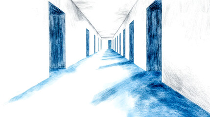 Long corridor with blue doors in pencil sketch style