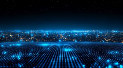 A digital binary code wave forms the background of an abstract image featuring blue and green hues