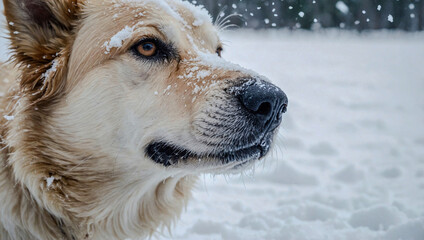 Wall Mural - close-up of a dog in snow, with its nose emerging from a snow pile.