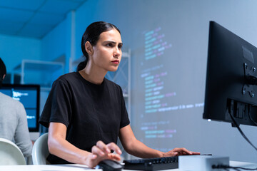 Woman programmer coding software developer technology computer programming workspace keyboard data systems internet app interface network modern productivity, Software, code Programmer or IT person