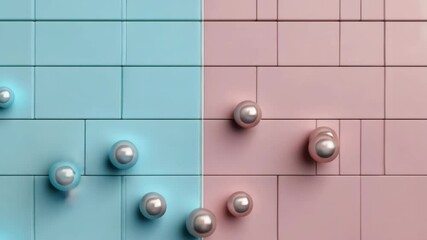 Abstract arrangement of blue and pink tiles with scattered reflective spheres, minimalist geometric background in soft pastel tones