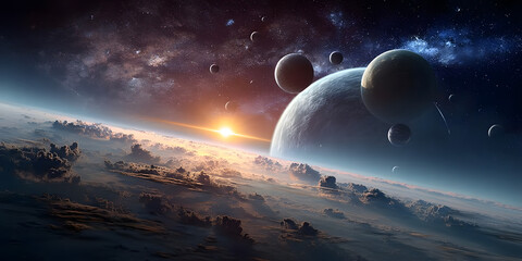 Wall Mural - Sunrise over group of planets in space