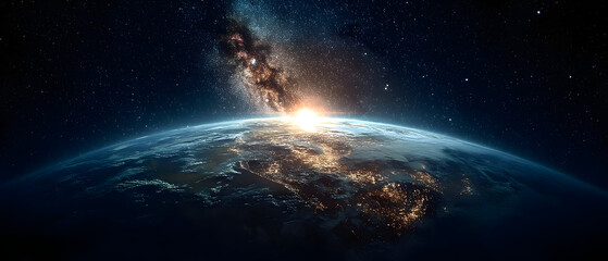 Wall Mural - panoramic view of the earth, sun, star and galaxy. sunrise over planet earth, view from space. 