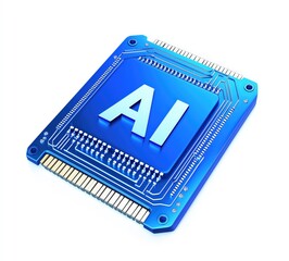 Wall Mural - a vibrant blue ai chip with intricate circuitry and golden connectors, set against a clean white bac