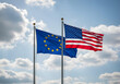 © Anim - diplomatic representation of european union and american relations with national flags flying together against peaceful blue sky background