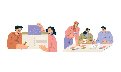 Aufkleber - Business Concept with Man and Woman Character Engaged in Workflow Deal with Project Vector Set