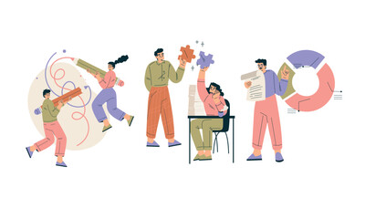 Fototapete - Business Concept with Man and Woman Character Engaged in Workflow Deal with Project Vector Set