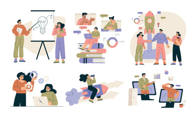 Aufkleber - Business Concept with Man and Woman Character Engaged in Workflow Deal with Project Vector Set