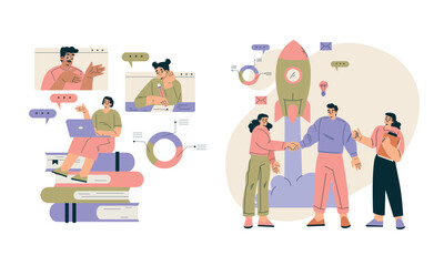 Fototapete - Business Concept with Man and Woman Character Engaged in Workflow Deal with Project Vector Set