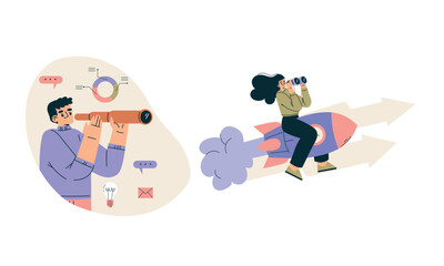 Aufkleber - Business Concept with Man and Woman Character Engaged in Workflow Deal with Project Vector Set