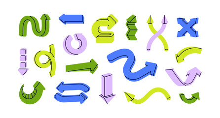 Fototapete - Arrows, points, design elements, actions and movement signs, pointers set. Pointing icons for direction, navigation in computer interface. Flat vector illustration isolated on white background