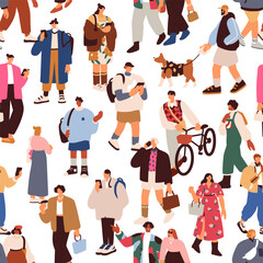Poster - People crowd, seamless pattern. Repeating print with tiny urban characters, endless printable background. Modern fashion busy city life texture for fabric, textile, wrapping. Flat vector illustration
