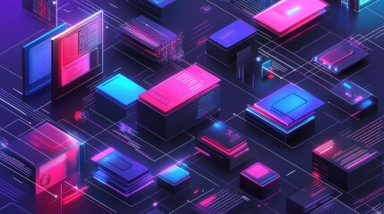 abstract network grid with files and folders, futuristic software interface, digital document manage