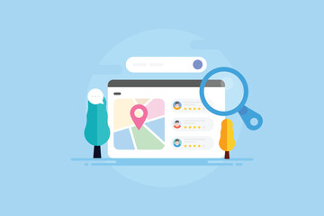 Wall Mural - Business SEO concept, customer review list, business map location appears on search page, local search optimization.