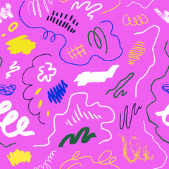 Leinwandbilder - Abstract scribble pattern. Seamless texture, endless background with line, curve, dot elements. Colored repeating print, creative hand-drawn modern textile, fabric, wrapping. Vector illustration