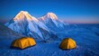 © SebuahKisah - Majestic Sunrise Over Snow-Capped Mountains with Yellow Tents in the Foreground, a Scenic Campview