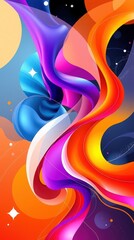 Wall Mural - Mobile wallpaper,  abstract multicolored flowing shapes with stars and spheres on a gradient background