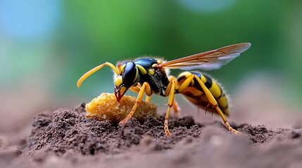 Poster - Close-up of a yellow jacket wasp on the ground consuming a yellow substance. The background is blurred green foliage