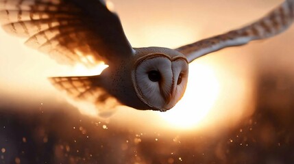 Aufkleber - Barn owl in flight at sunset, warm golden light, blurred background, particles in air