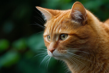 Fototapete - Close-up of orange cat profile, showcasing ginger fur texture and alert gaze, representing feline grace, wildness, and independence