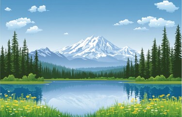 in a modern flat design, the illustration presents a summer landscape featuring a forest, mountains,