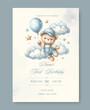 © ku4erashka - First birthday watercolor invitation card for celebration. With plush teddy bear with balloon around clouds and stars.