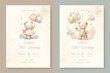 © ku4erashka - Set of First birthday watercolor invitation card for boy and girl. With plush teddy bear with balloon around clouds and stars.