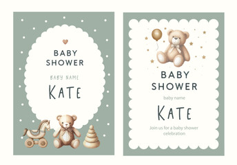 Wall Mural - Watercolor New born baby shower invitation. Greeting card with baby toys and accessories.