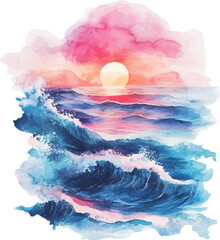Wall Mural - sunset on the beach in watercolor with pink and blue on white background