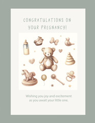 Wall Mural - Watercolor New born baby shower invitation. Greeting card with baby toys and accessories.