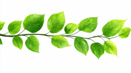 A photograph of nature showcases a spring branch with vibrant green leaves, isolated on a white backdrop
