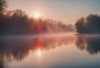 Wall Mural - red dawn through morning water sky fog over sun lake beautiful reflected blue rays comes is travel landscape background cloud beach wave colours ocean summer coast sunrise evening beauty light nature