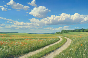 Wall Mural - Beautiful rural pathway winding through vibrant fields under a bright blue sky with fluffy clouds on a sunny day
