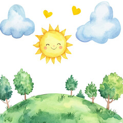 Wall Mural - lovely sun and clouds on a green hill with trees on a white background