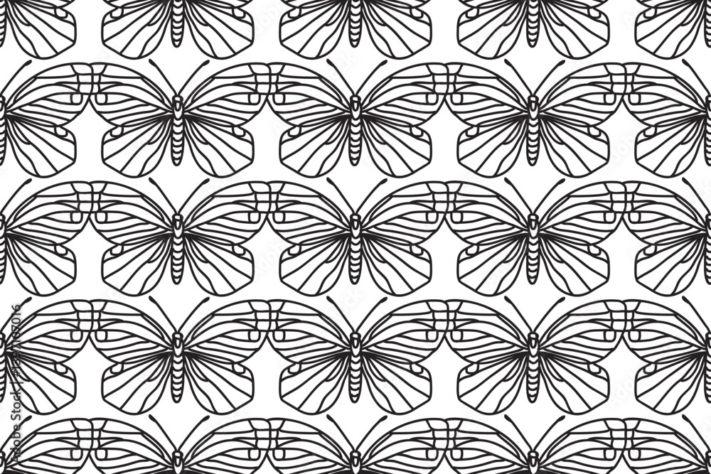 Line art botanical butterflies seamless pattern vector illustration ...