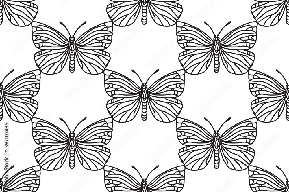 Line art botanical butterflies seamless pattern vector illustration ...