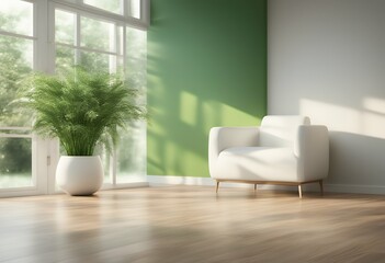 Wall Mural - ceramic window empty vase room green left laminate style door white wood floor illustration right sun modern light effect plant 3d interior indoor living bright home concept wall blank render minimal