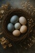 © Best Wishes Art - Beautiful collection of pastel colored eggs nestled in a rustic nest with dried flowers during spring