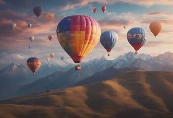 Wall Mural - air stars clouds landscape mountain sunset balloons beautiful colorful with over mountains flying hot blue high fog airship tree sky up star background colourful ballooning transportation fly fun