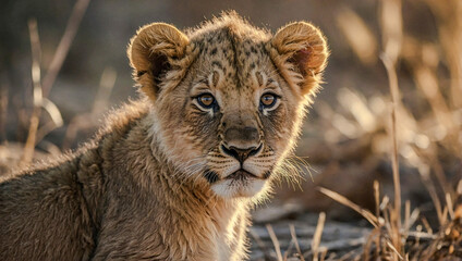 Wall Mural - Close-up view of African Lion cub in its natural environment with a blurred background.