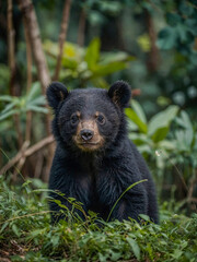 Wall Mural - Close-up view of Asian Black Bear cub in its natural environment with a blurred background.