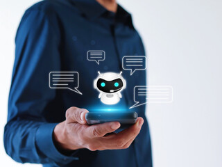 Aufkleber - Human Chat with AI or Artificial Intelligence. AI chatbots or artificial intelligence can communicate through messages with humans naturally. Robot in the online system.Futuristic technology.