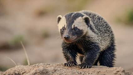 Wall Mural - Close-up view of Honey Badger cub in its natural environment with a blurred background.